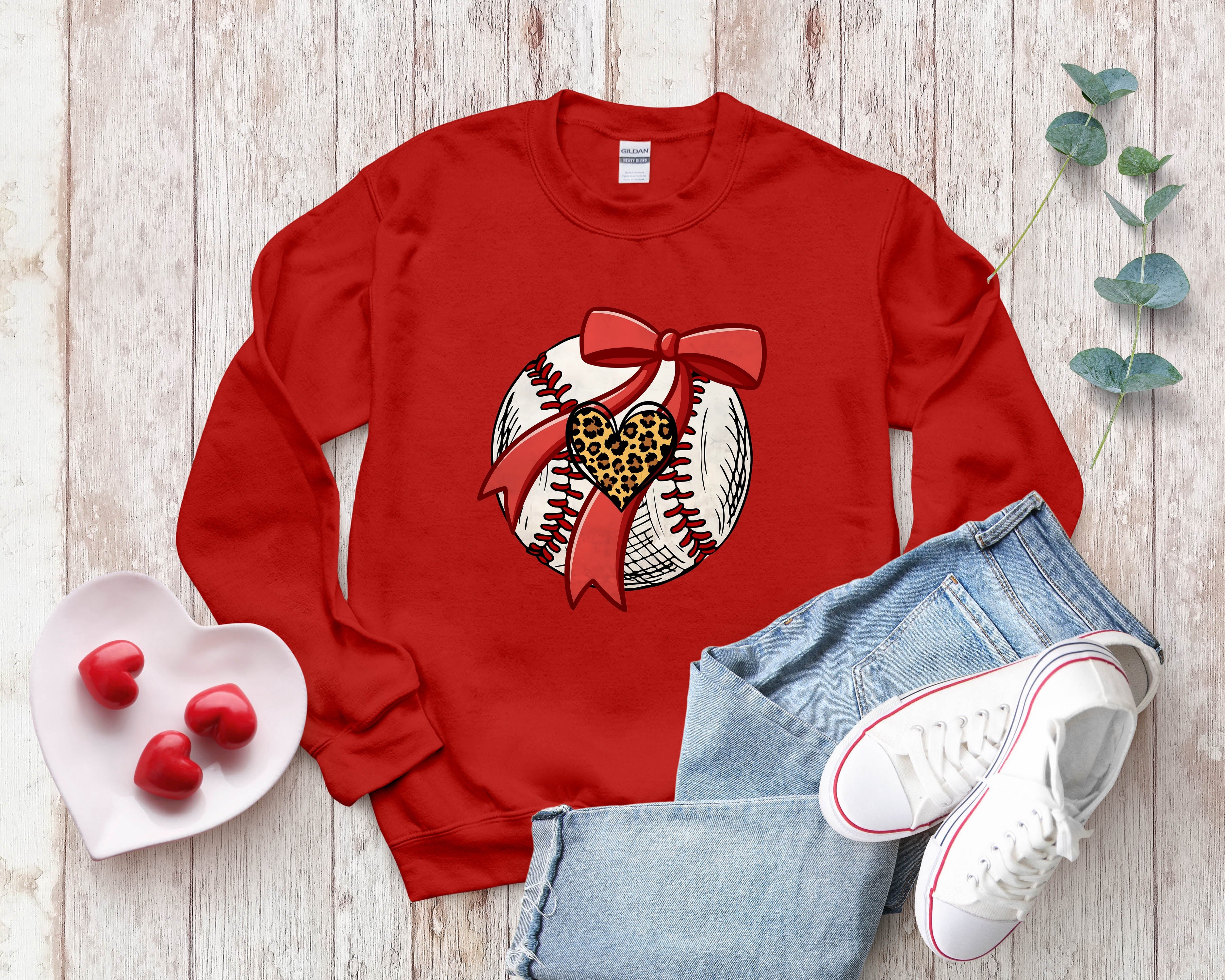 Baseball with Animal Print Heart and Red Bow Sweatshirt - Sports Mom Apparel