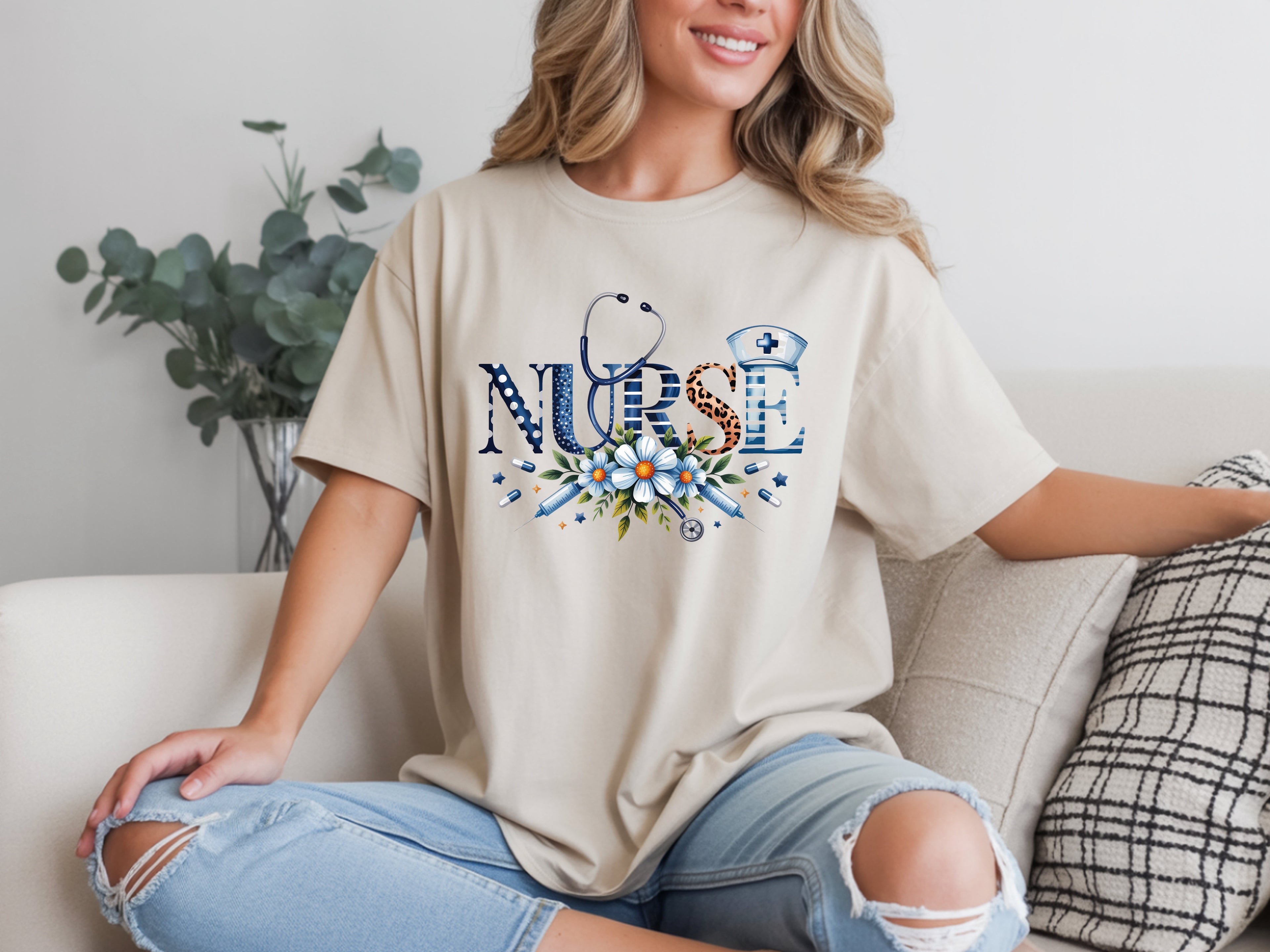 Floral Nurse Stethoscope & Leopard Print T-Shirt