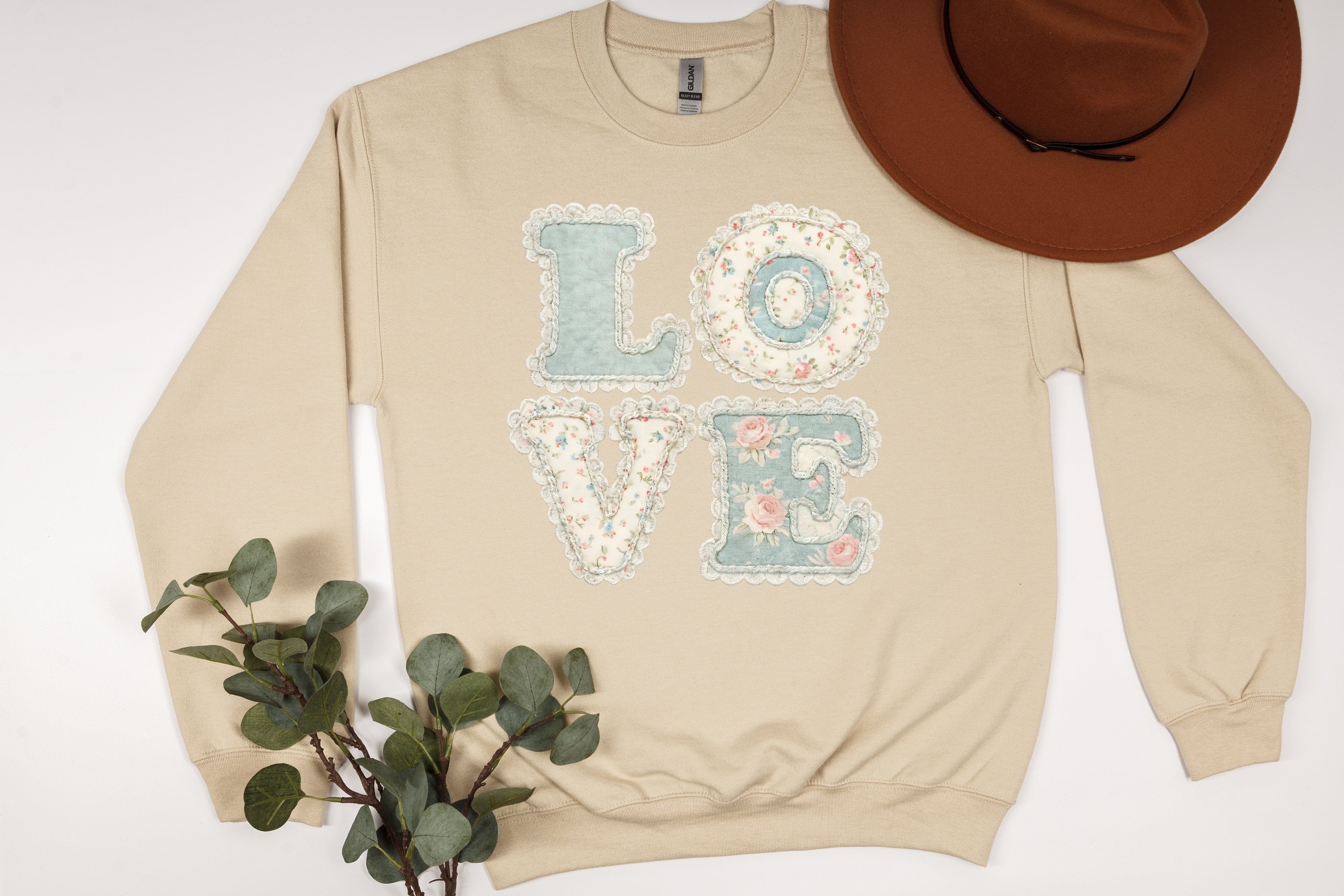 Vintage Charm: Pastel Floral & Lace "LOVE" Sweatshirt