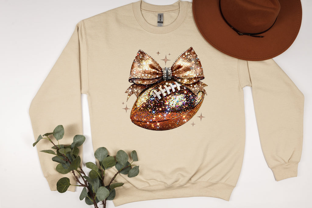 Sparkle & Spike: Gold Glitter Football Bow Sweatshirt