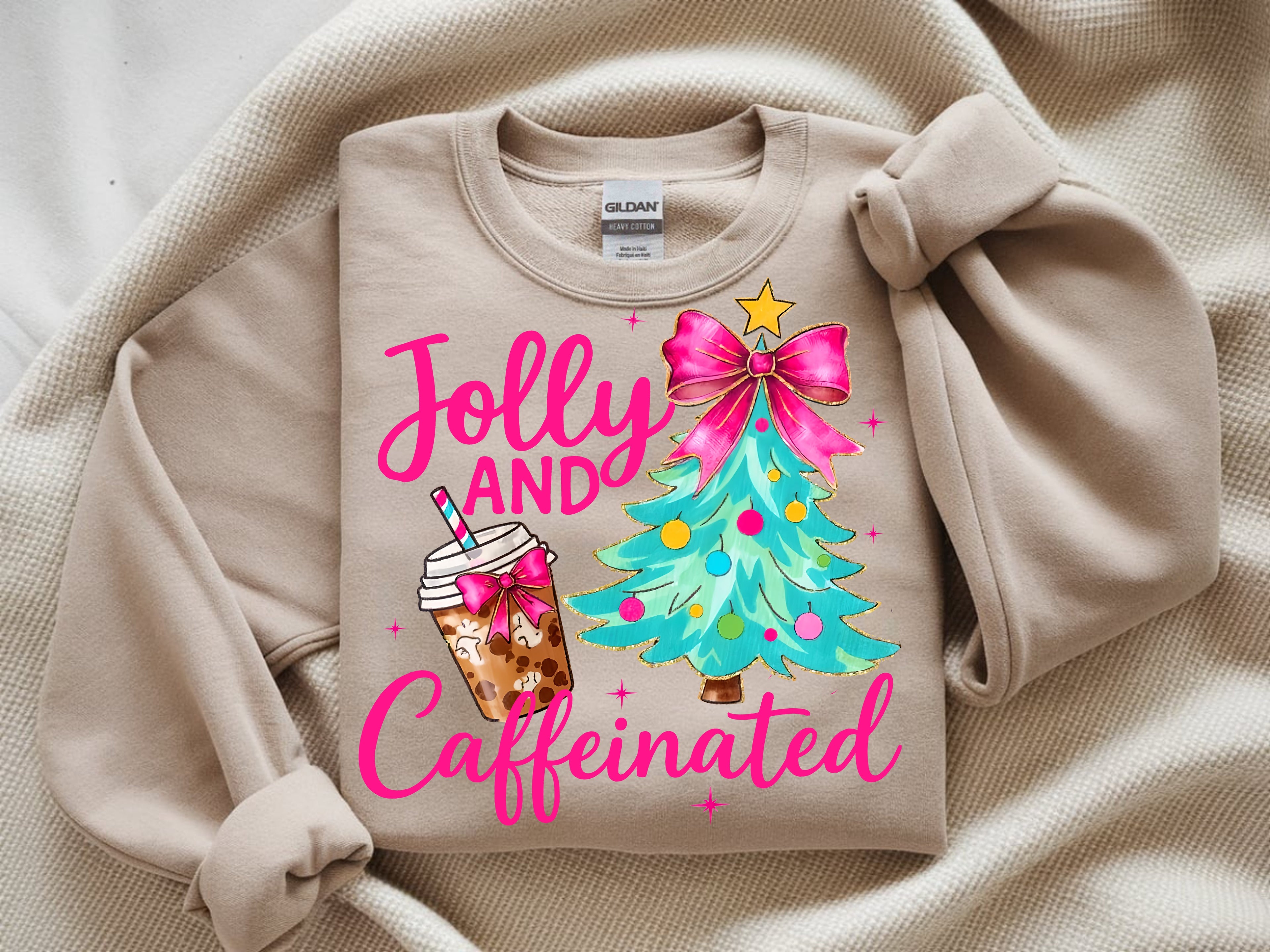 Jolly & Caffeinated Pink Christmas Holiday Coffee & Boba Sweatshirt