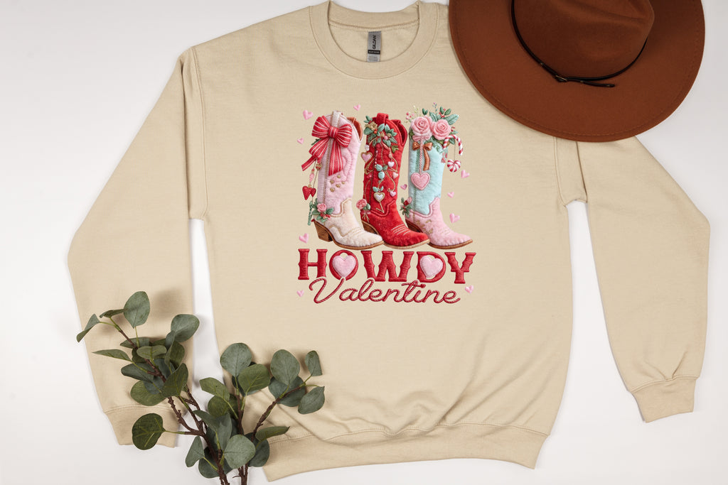 Howdy Valentine Faux Embroidery Boots Sweatshirt
