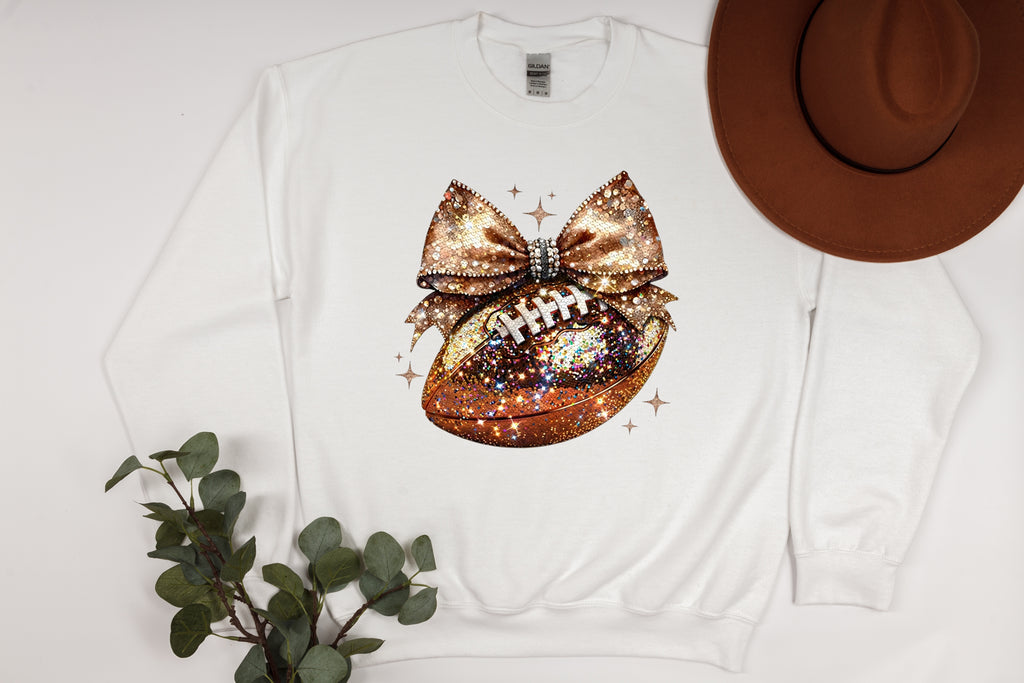 Sparkle & Spike: Gold Glitter Football Bow Sweatshirt