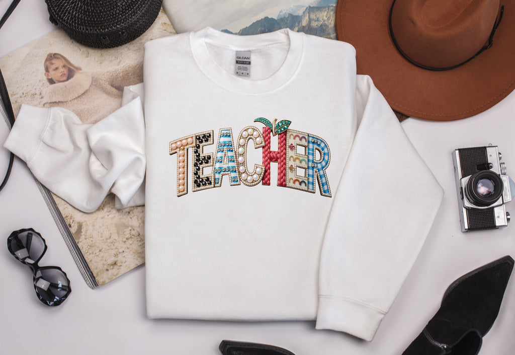 Bejeweled Teacher Sweatshirt - Rhinestone Graphic Crewneck