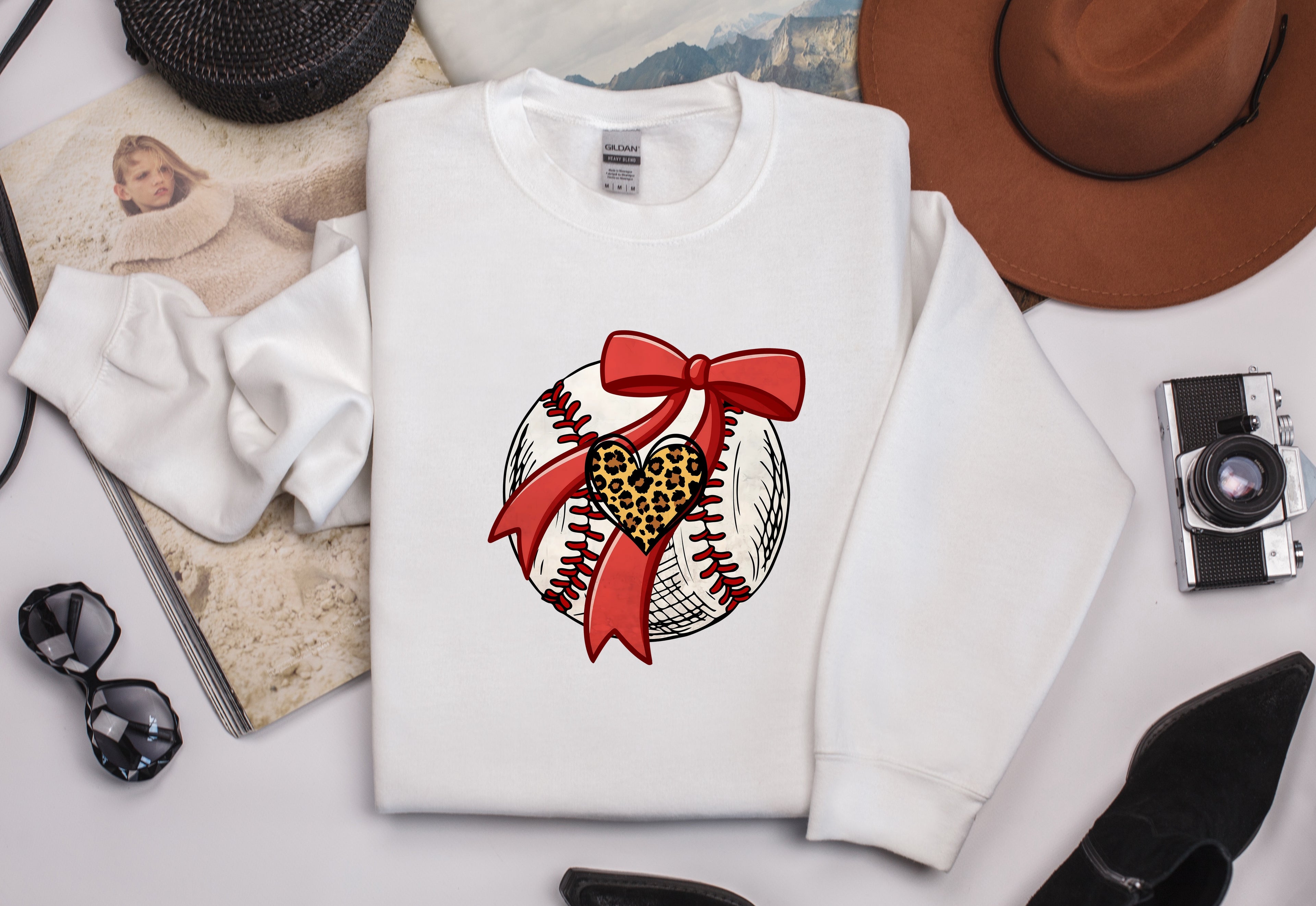 Baseball with Animal Print Heart and Red Bow Sweatshirt - Sports Mom Apparel