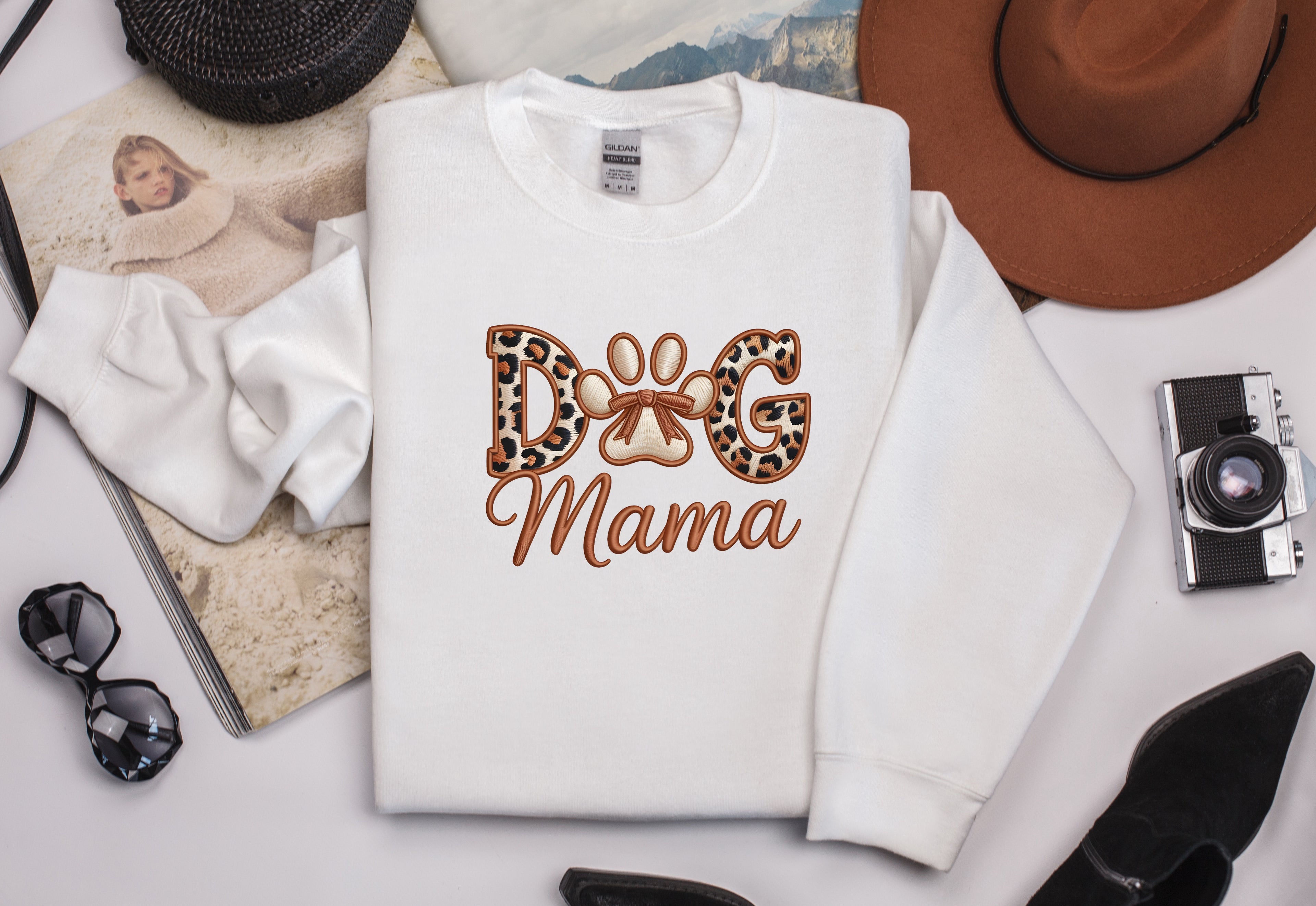 Dog Mom with Paw Faux Embroidery Sweatshirt - Pet Lover Graphic