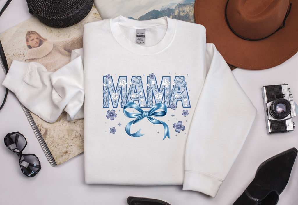 Mama Blue Floral Faux Appliqué with Blue Bow Sweatshirt - Stylish Mom Apparel