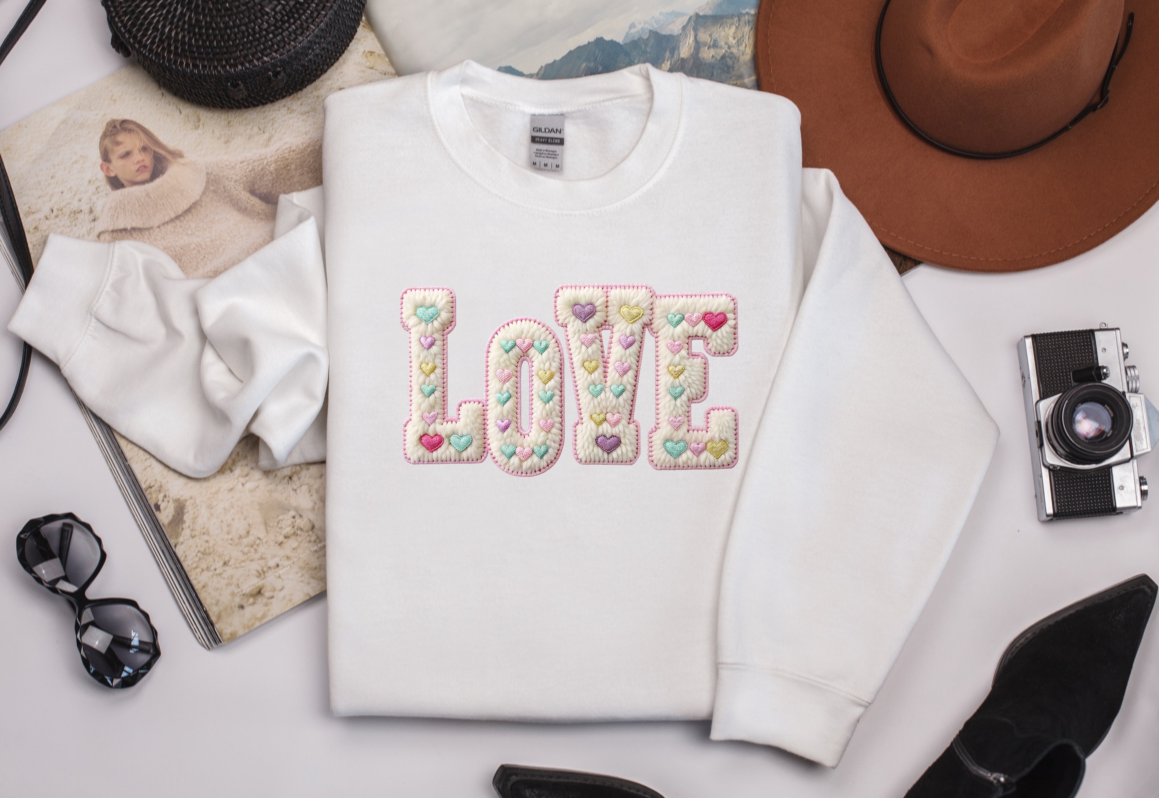 LOVE Faux Yarn Sweatshirt - Hearts Graphic Crewneck