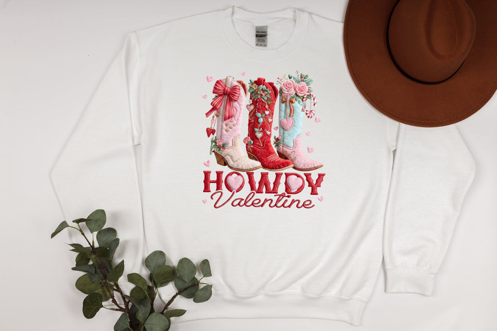 Howdy Valentine Faux Embroidery Boots Sweatshirt