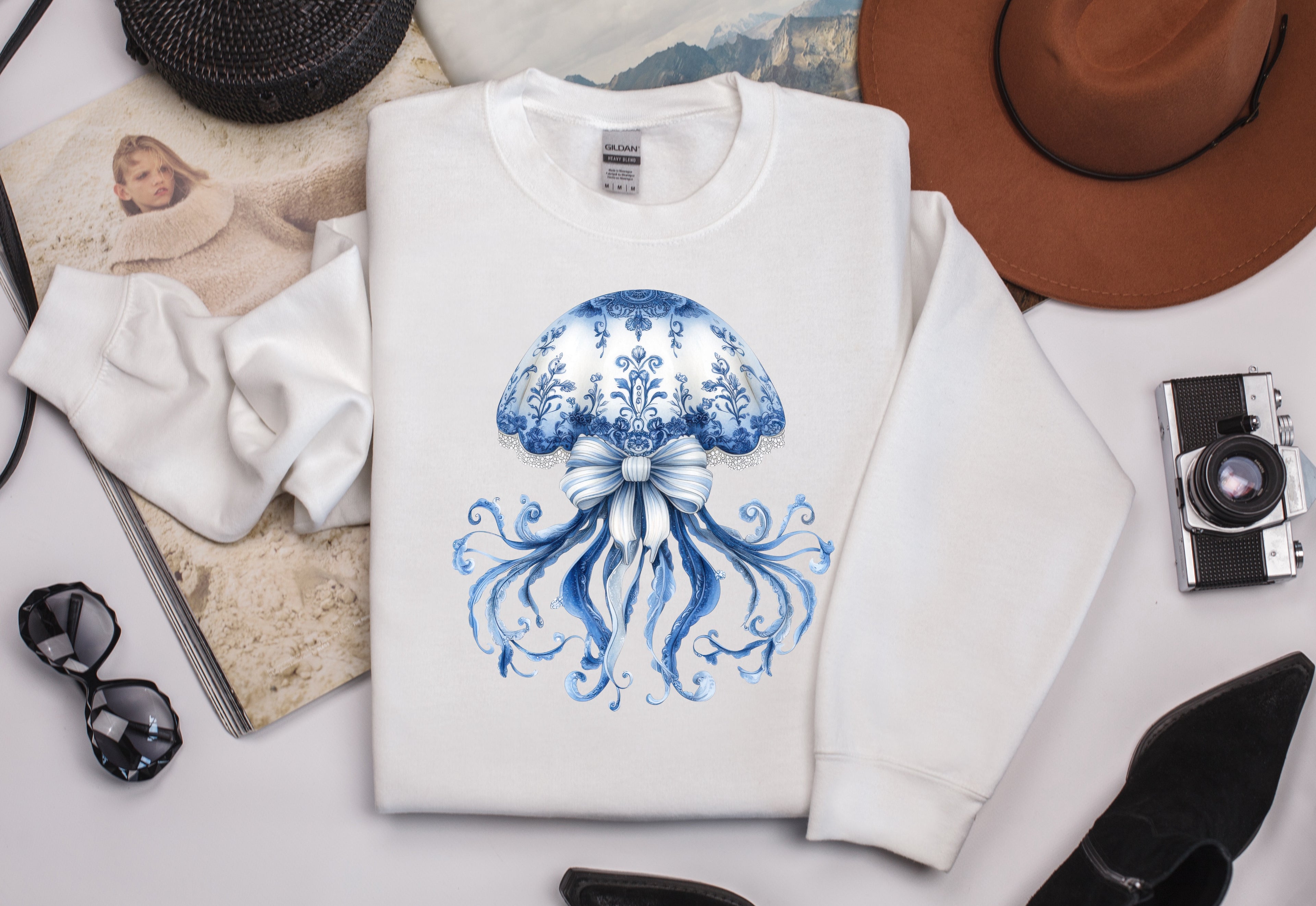 Blue and White Delicate Floral Jellyfish Sweatshirt - Ocean-Inspired Apparel