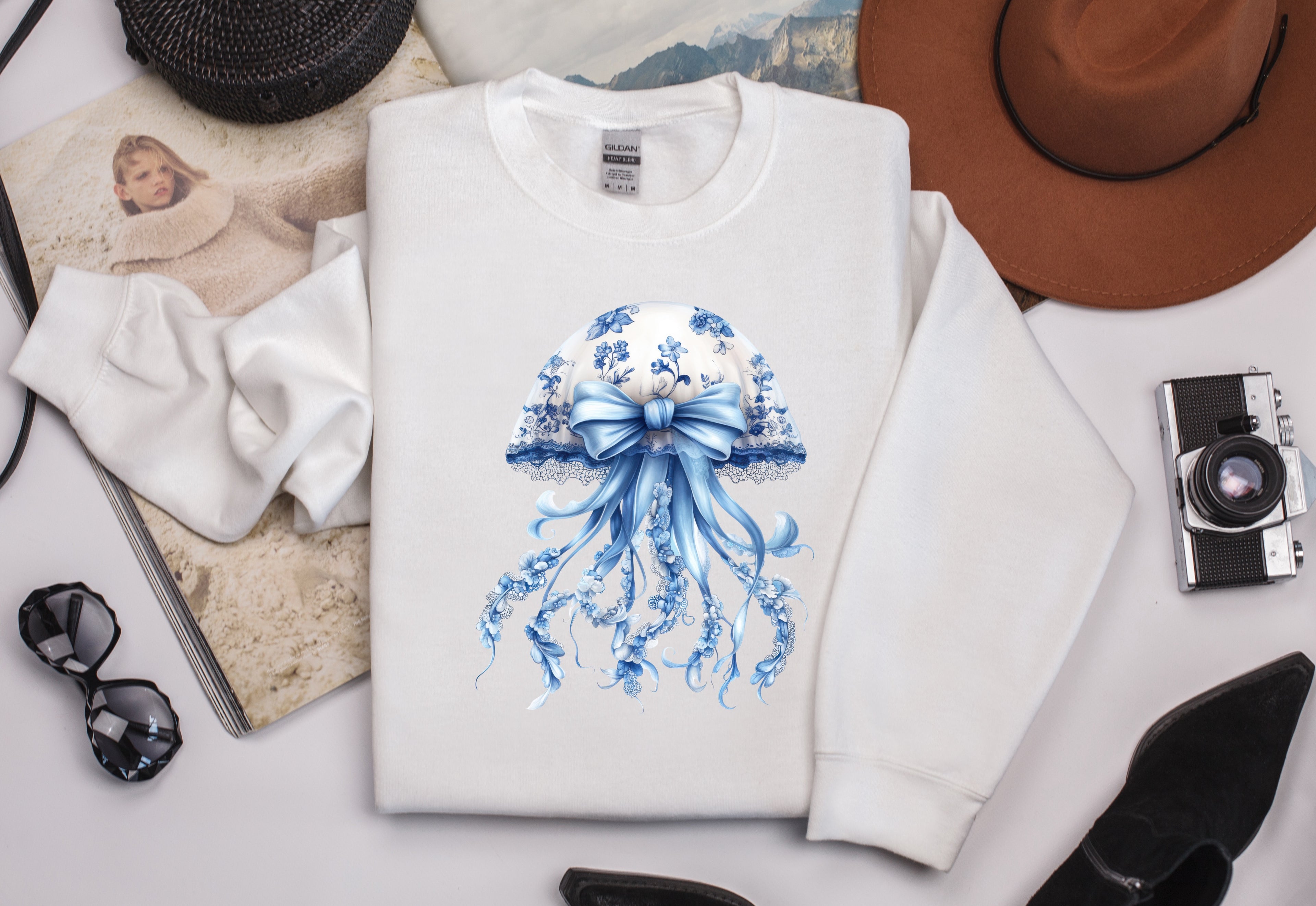 Blue and White Floral Jellyfish Sweatshirt - Whimsical Ocean Graphic