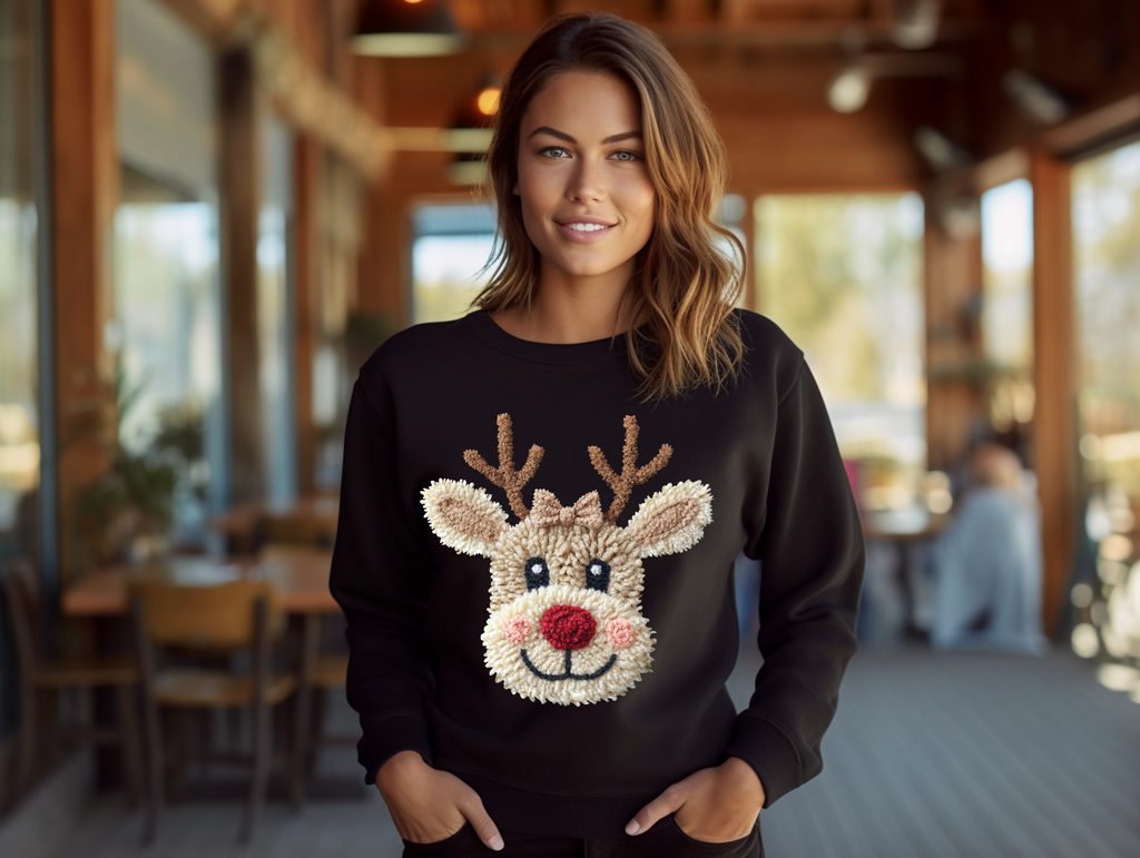Patchwork Yarn Crochet Reindeer Sweatshirt