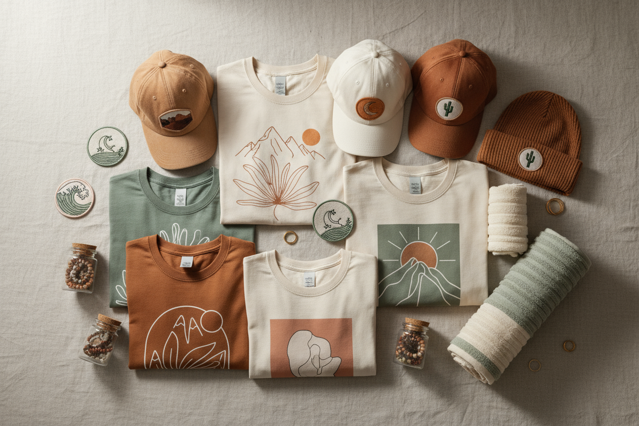 natural colors, graphic tee's, graphic sweatshirts, hats, embroidered patches, hand towels, jewelry jars