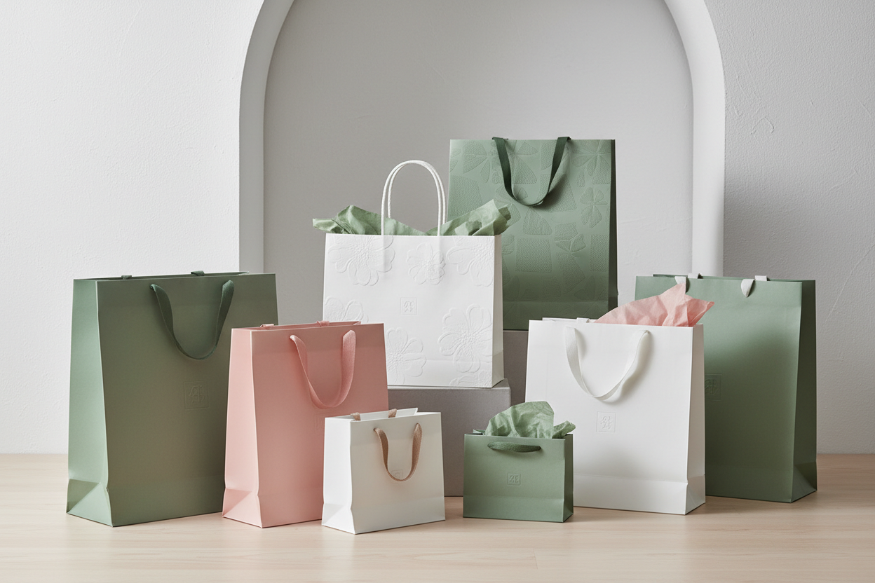 Variety of Sage Green, Pink and White Shopping bags
